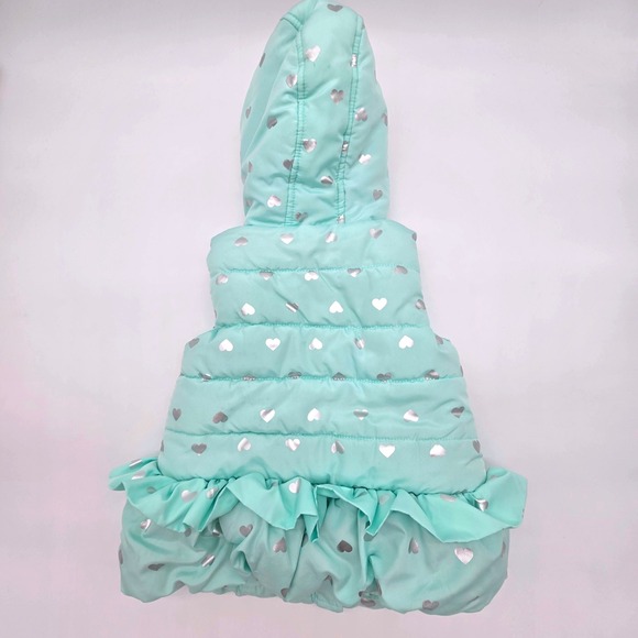 Little Me Girls Mint Green Heart Puffer Vest Ruffle Bow Hooded 4T - Picture 2 of 5